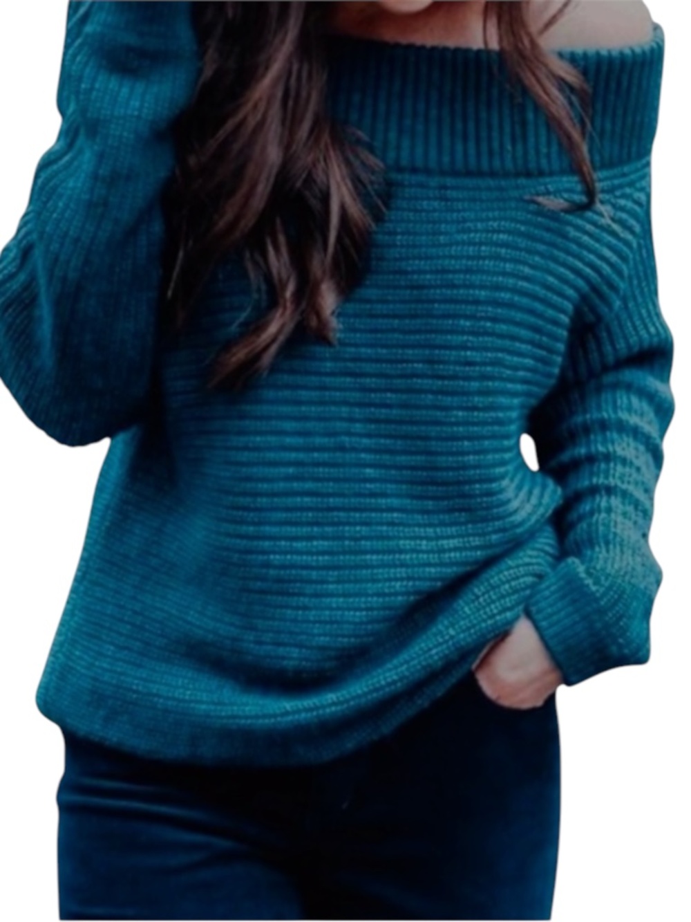 Express Off The Shoulder Chunky Sweater - Teal Size S - Picture 2 of 8